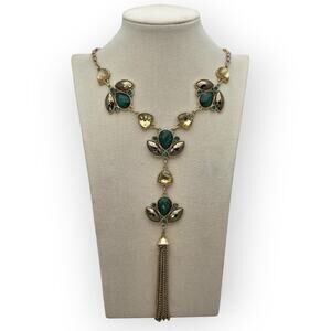 Emerald Green & Golden Topaz Statement Tassel Necklace – Boho Luxe Y Drop Design